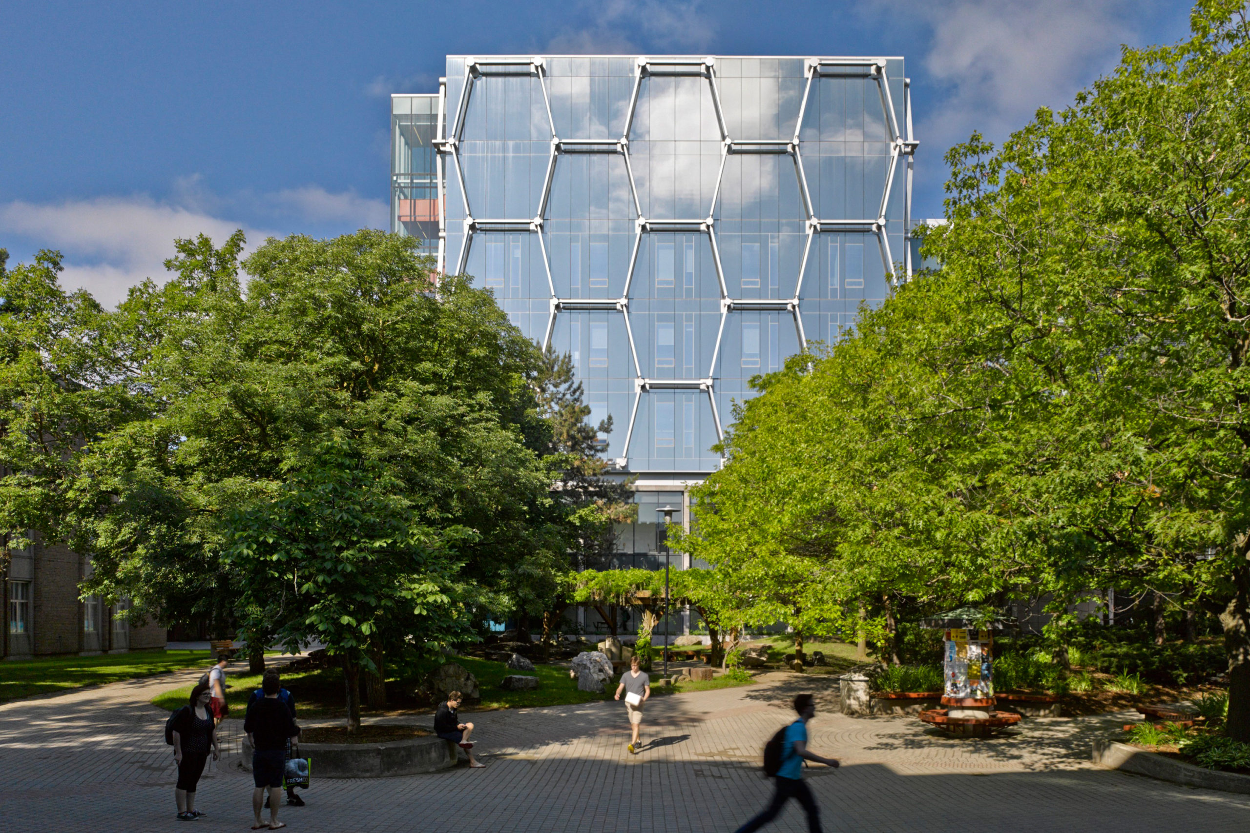 exterior facade with trees and people