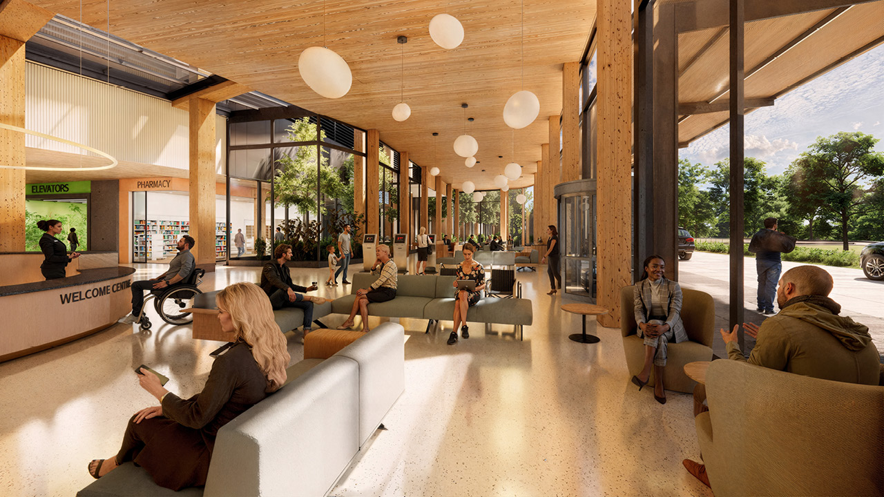 An interior rendering of a mass timber hospital in-patient unit.