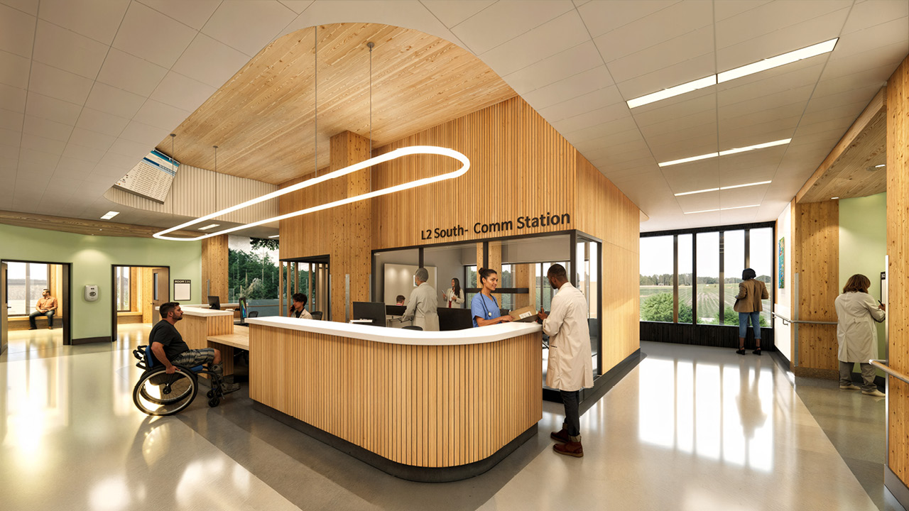 An interior rendering of a mass timber hospital in-patient unit.