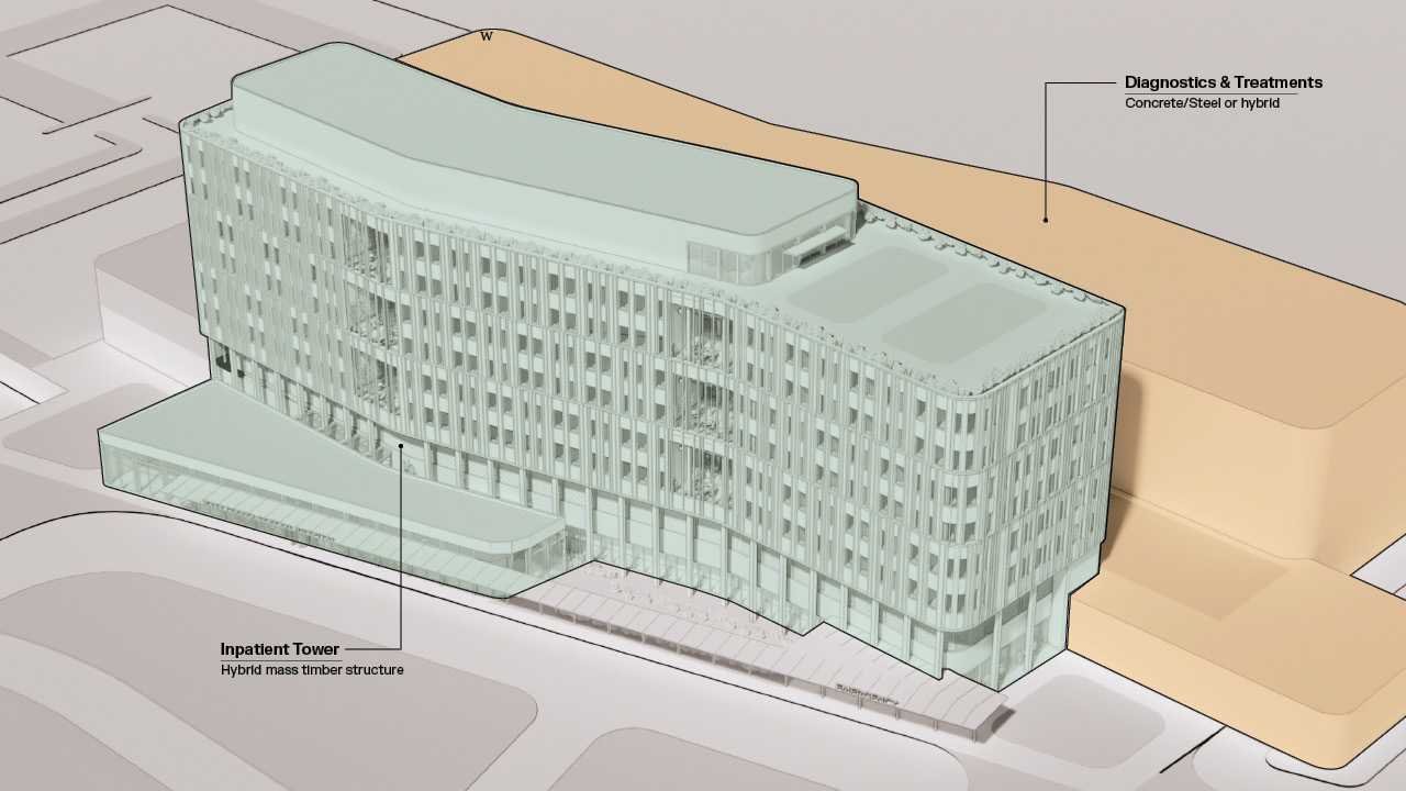 A diagram of a hybrid mass-timber hospital facility.