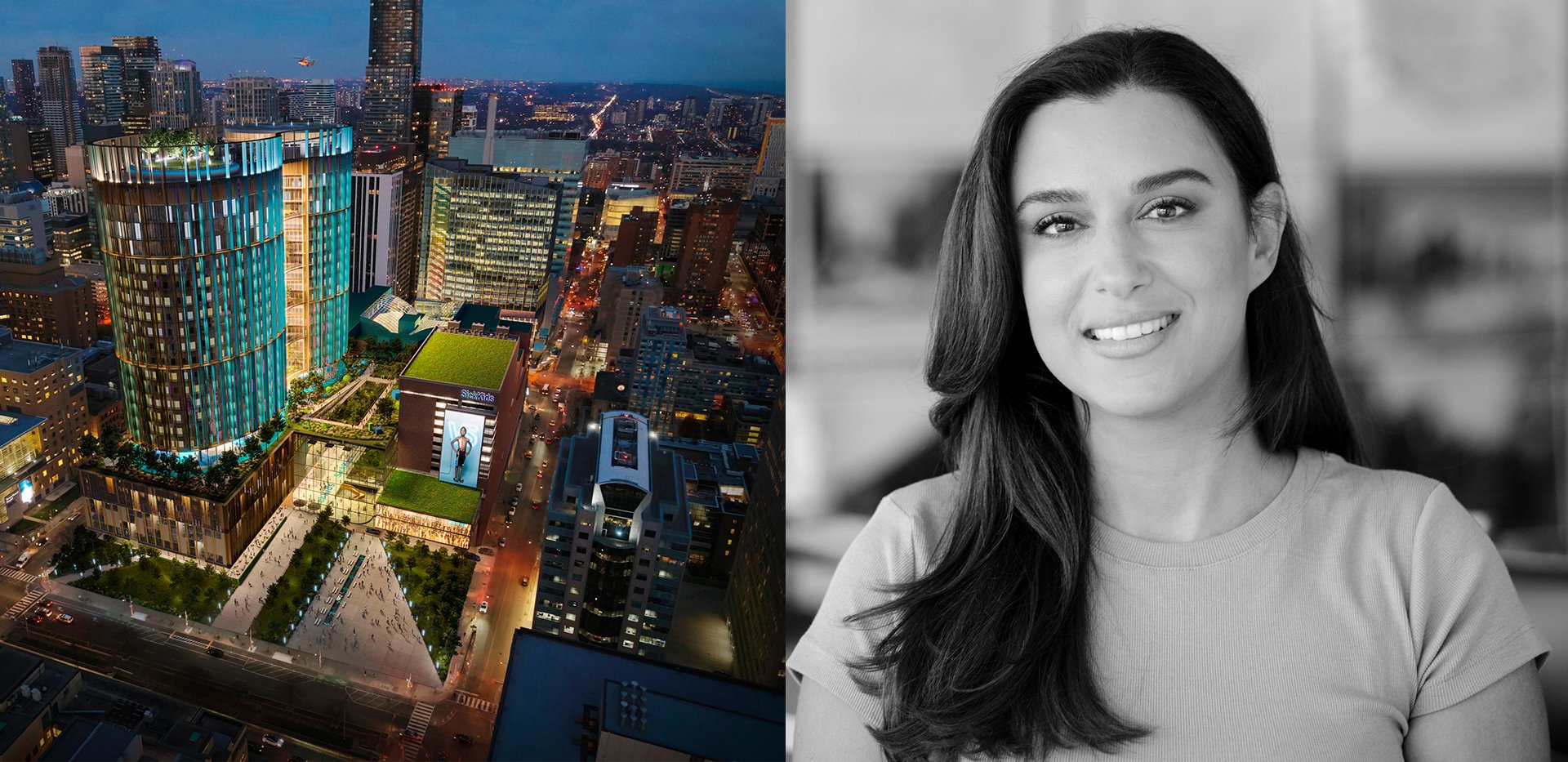 Composite image of SickKids campus and Roxane Bejjany