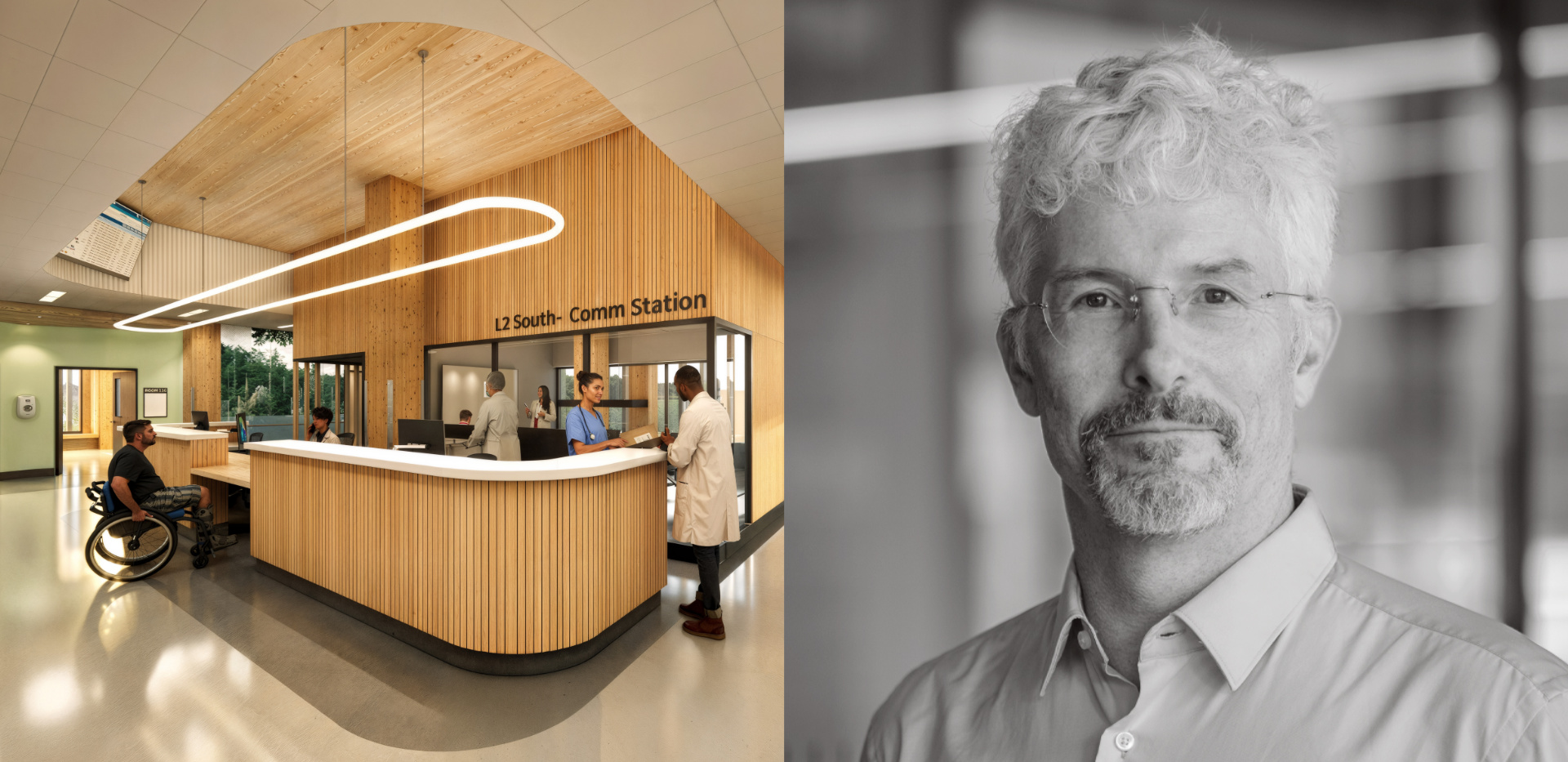 Composite image of mass timber hospital design and Chris McQuillan
