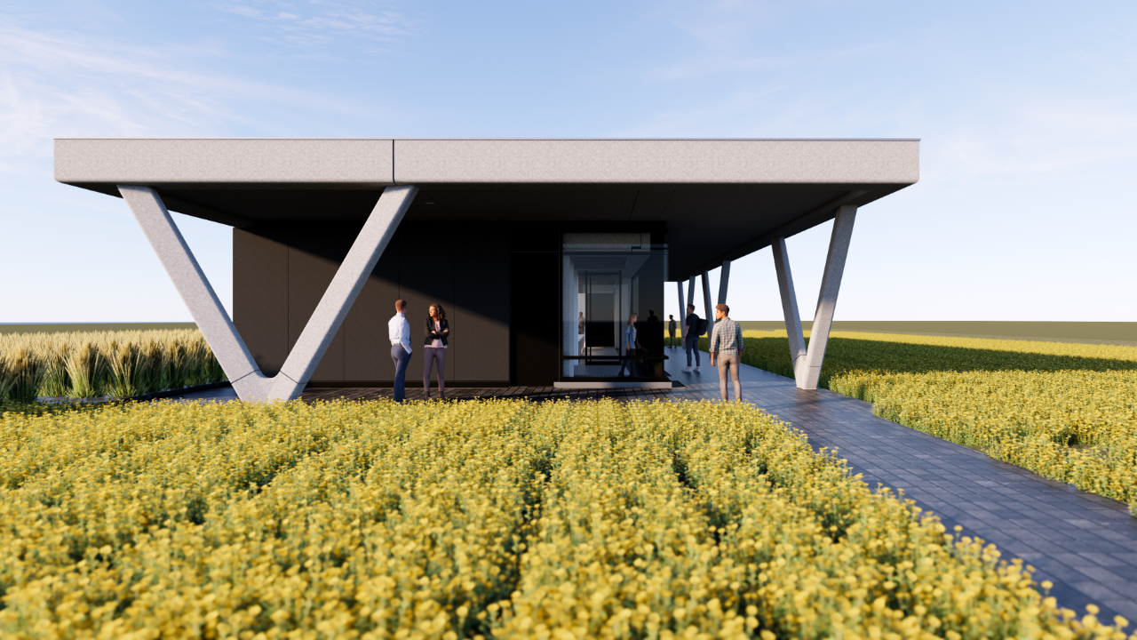 Exterior render of pavilion constructed of low-carbon concrete