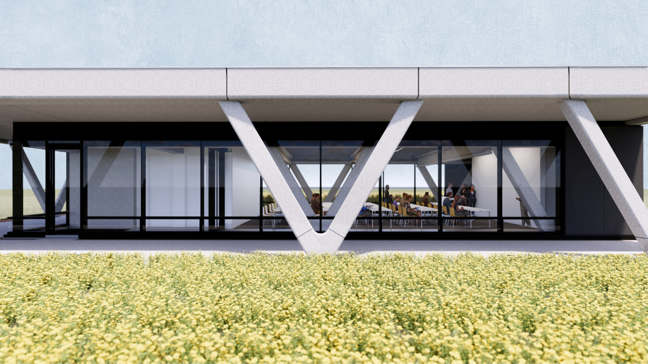 Exterior render showcasing V columns
